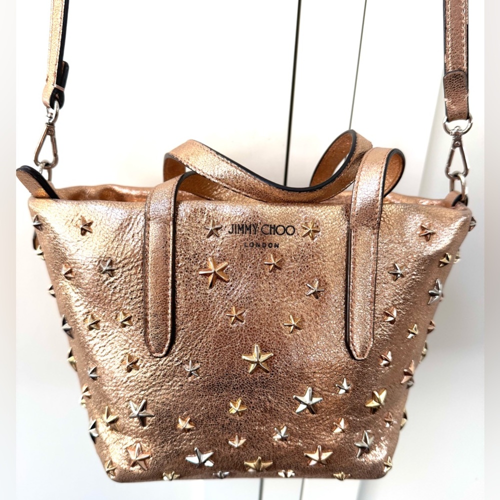 JIMMY CHOO Rose Gold Star Studded Metallic Leather Tote Crossbody